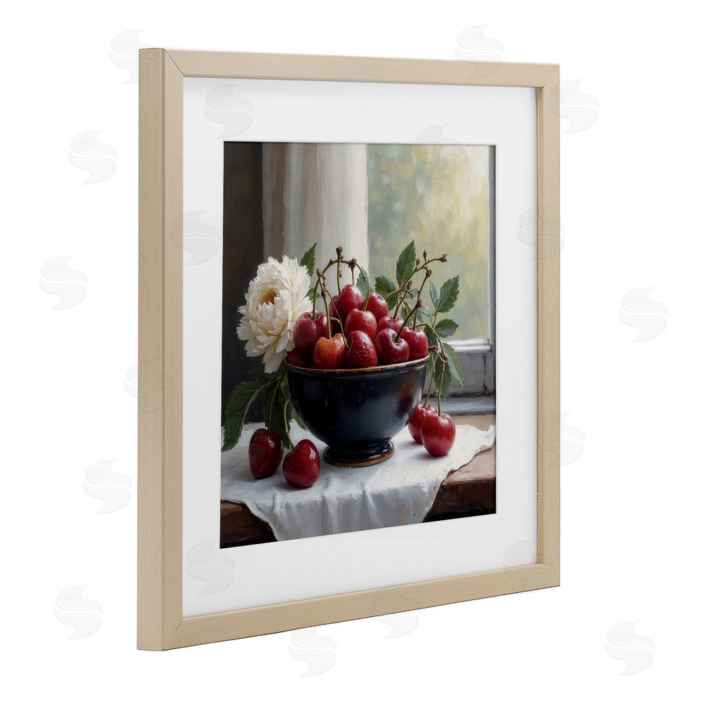 Lettered and Lined Cherry & Blossom Still Life Brown Framed Print Under Glass Wall Art