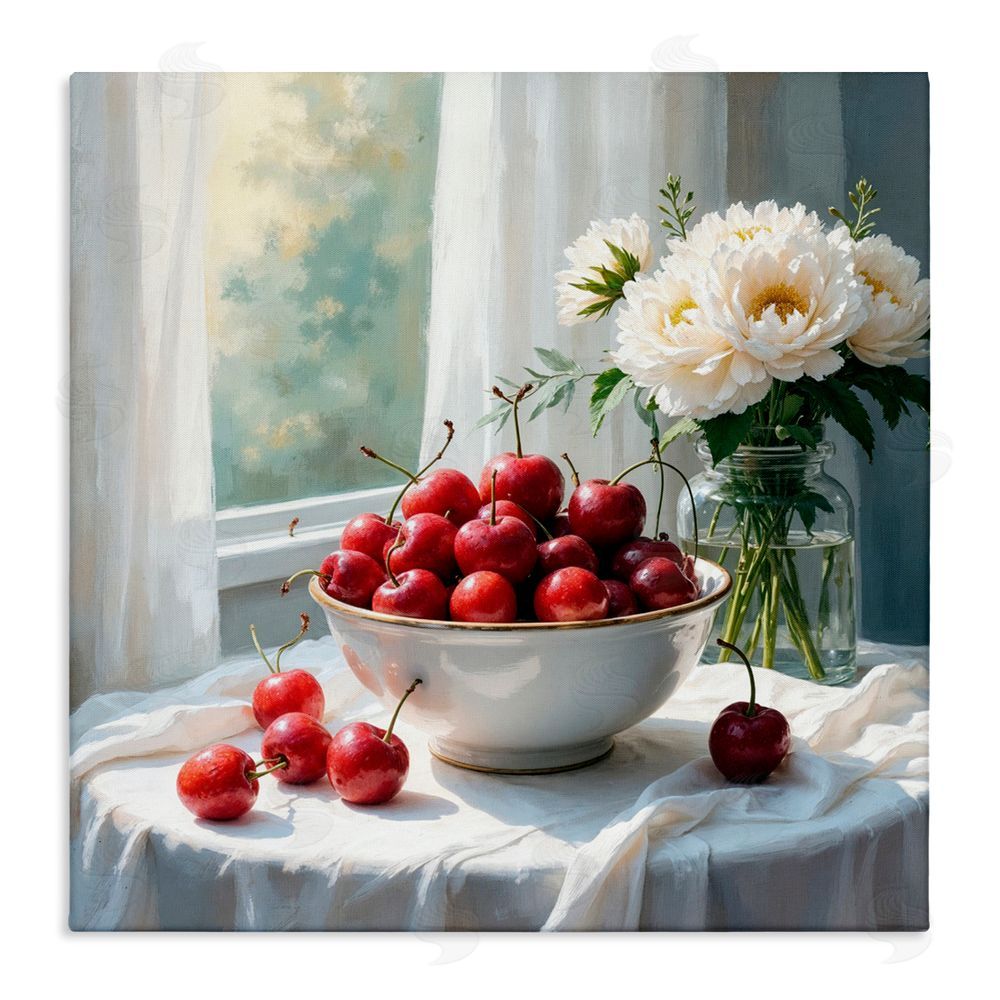 Lettered and Lined Cherries & Flowers Still Life Stretched Canvas Wall Art Print