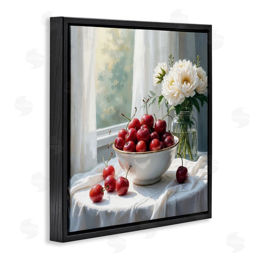 Lettered and Lined Cherries & Flowers Still Life Black Floating Frame Canvas Wall Art Print