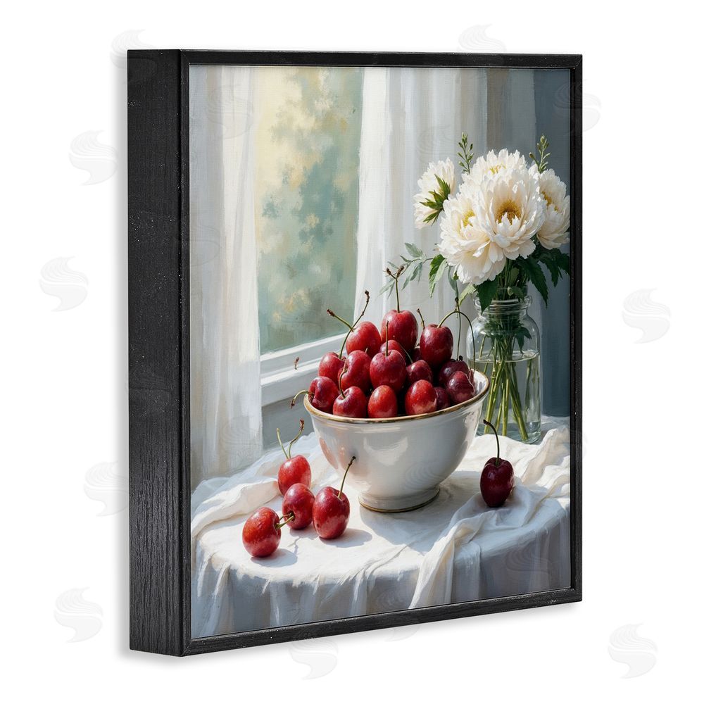 Lettered and Lined Cherries & Flowers Still Life Black Framed Giclee Print Wall Art