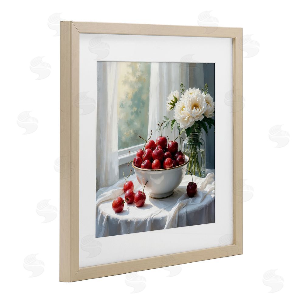 Lettered and Lined Cherries & Flowers Still Life Brown Framed Print Under Glass Wall Art