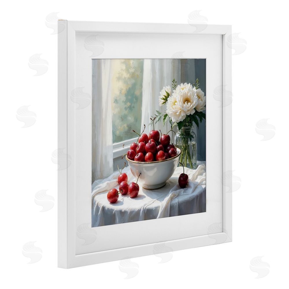 Lettered and Lined Cherries & Flowers Still Life White Framed Print Under Glass Wall Art