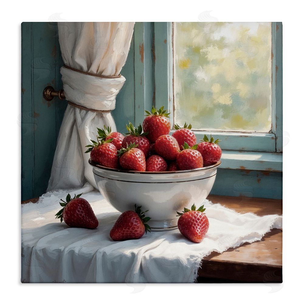 Lettered and Lined Strawberry Harvest in Window Stretched Canvas Wall Art Print