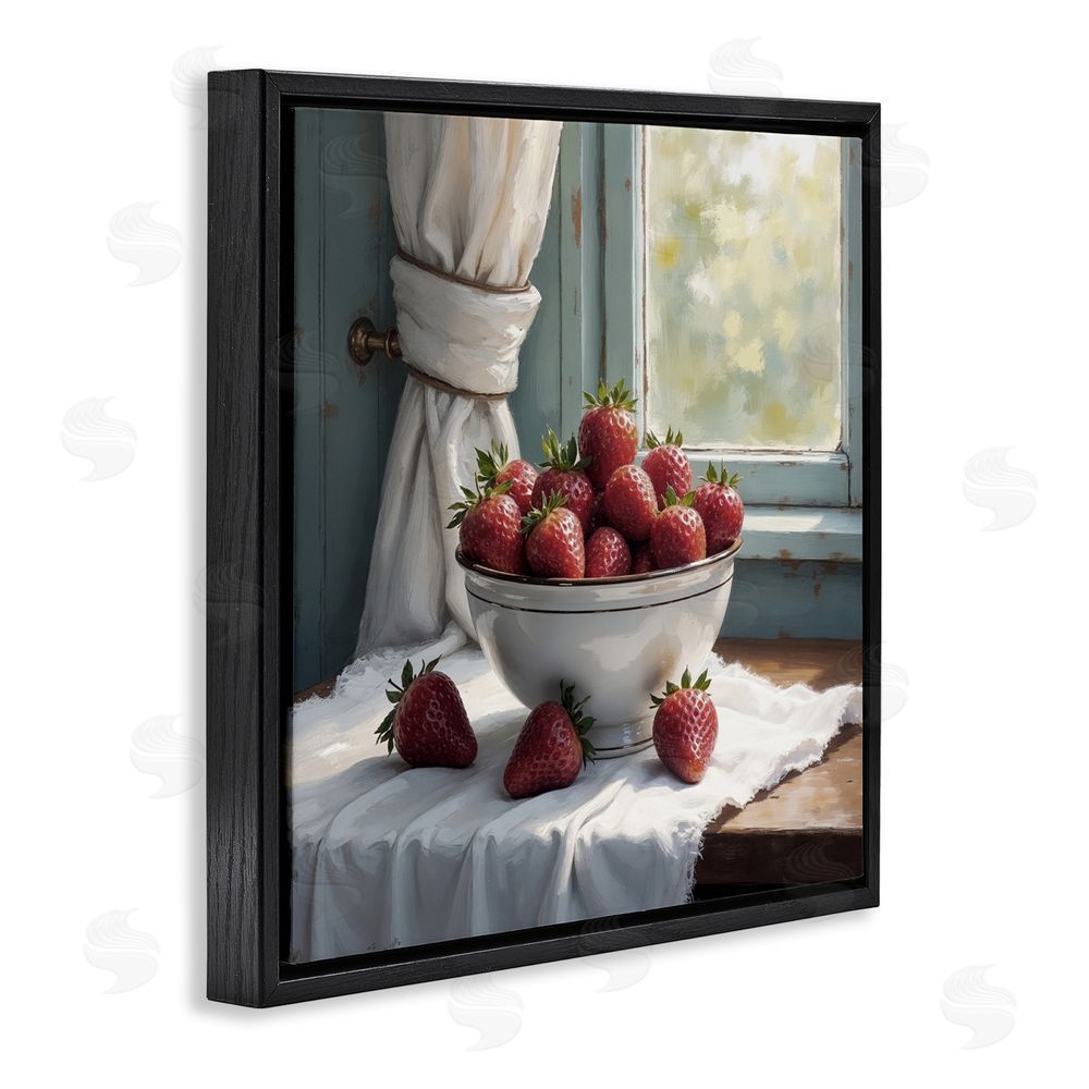 Lettered and Lined Strawberry Harvest in Window Black Floating Frame Canvas Wall Art Print