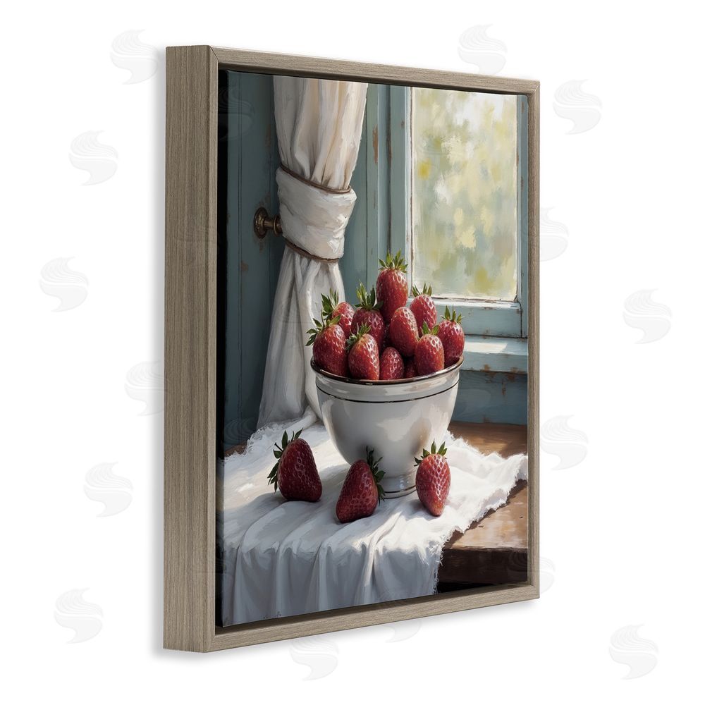 Lettered and Lined Strawberry Harvest in Window Brown Floating Frame Canvas Wall Art Print