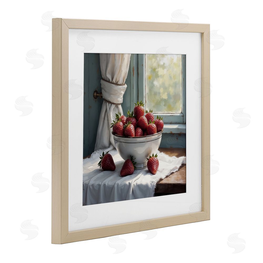 Lettered and Lined Strawberry Harvest in Window Brown Framed Print Under Glass Wall Art