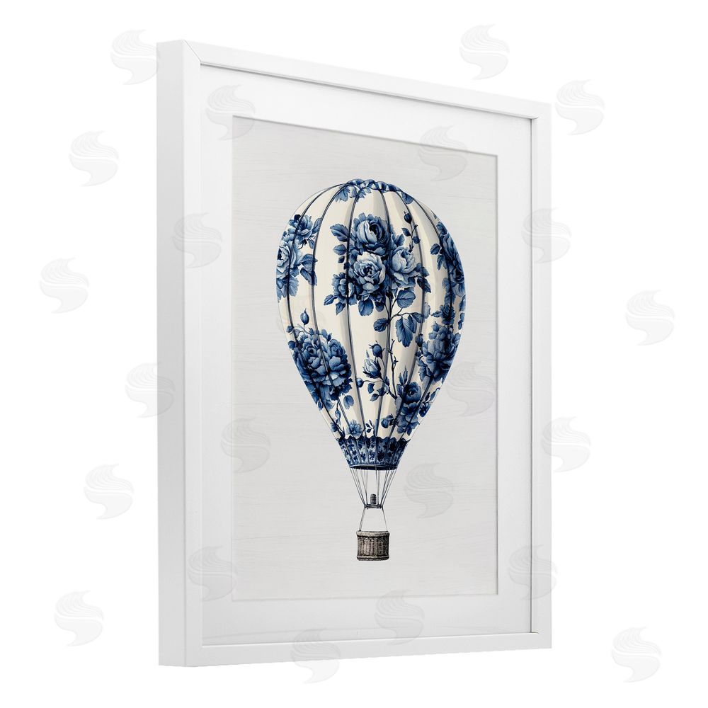 Lettered and Lined Vintage Toile Hot Air Balloon White Framed Print Under Glass Wall Art