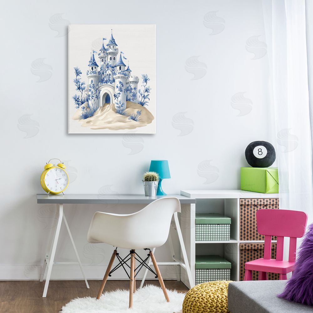 Lettered and Lined Funky Toile Castle Stretched Canvas Wall Art Print in Room