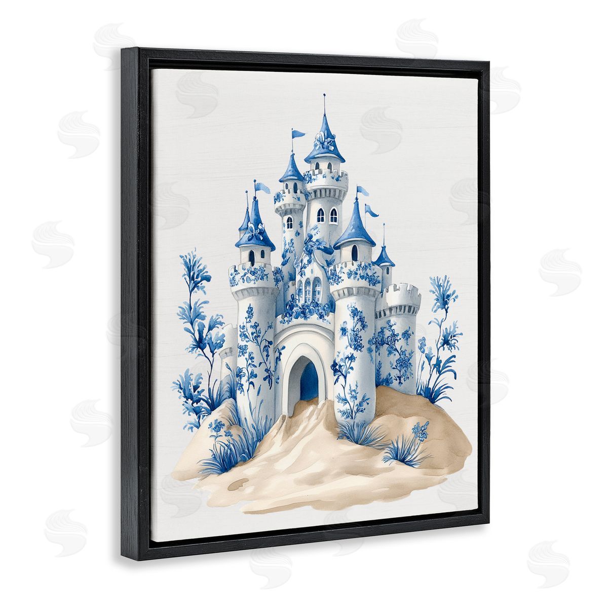 Lettered and Lined Funky Toile Castle Black Floating Frame Canvas Wall Art Print