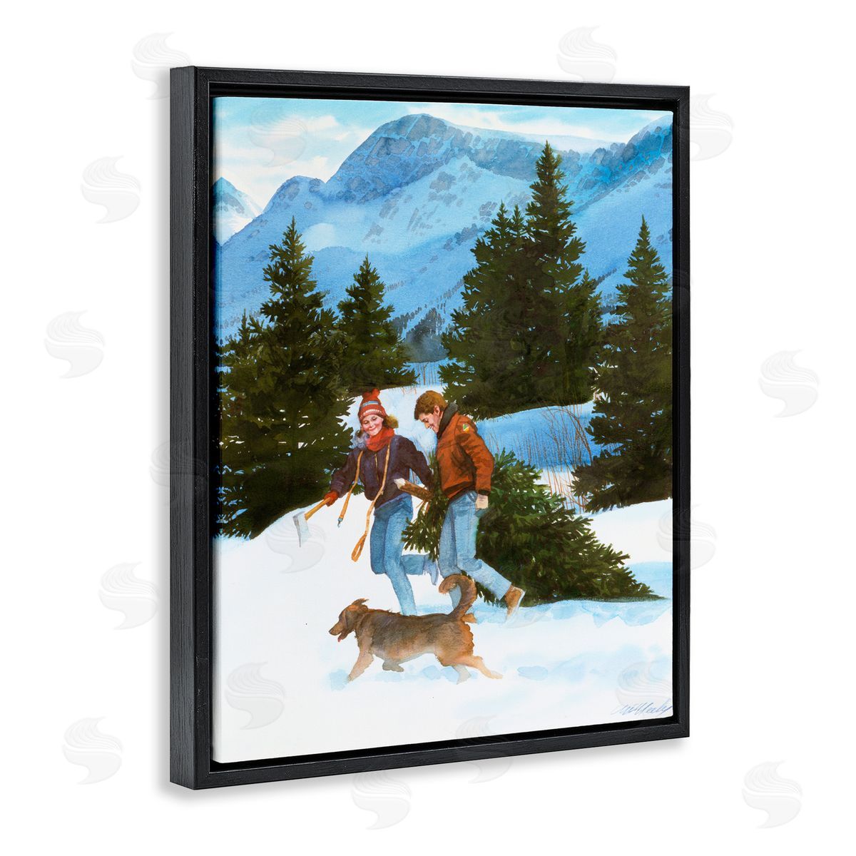 Wind River Studios Couple Bringing Home Tree Black Floating Frame Canvas Wall Art Print