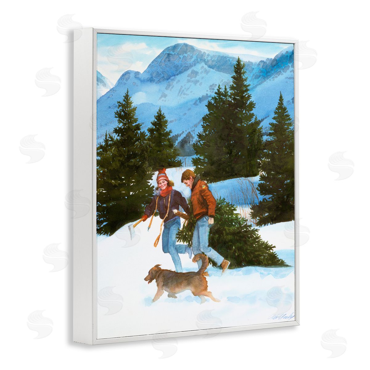 Wind River Studios Couple Bringing Home Tree White Framed Giclee Print Wall Art