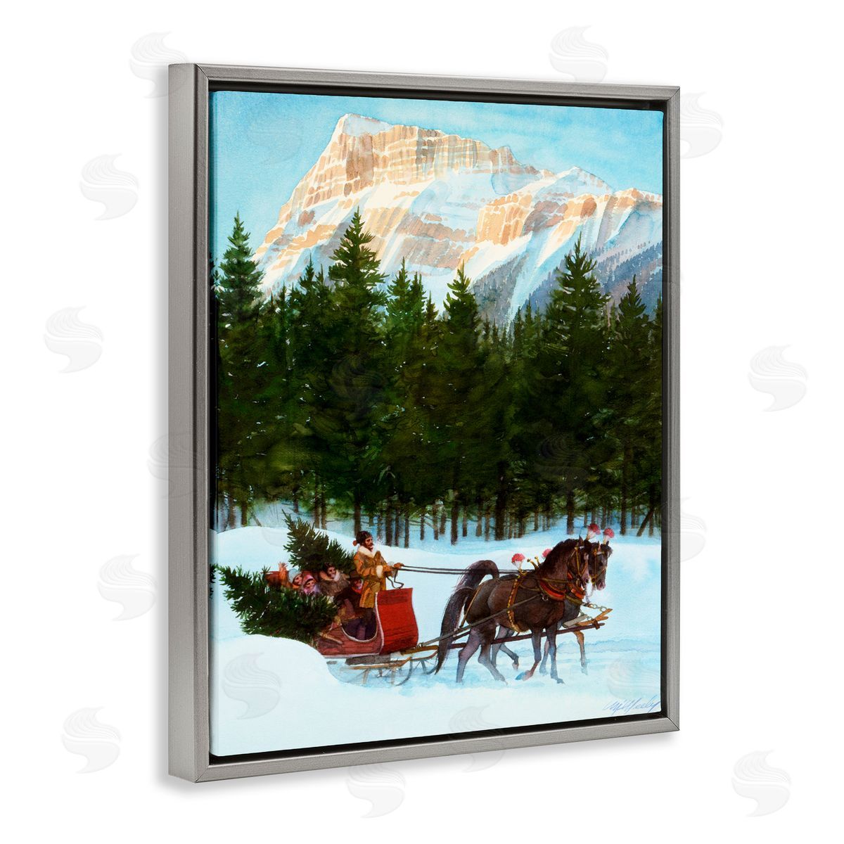 Wind River Studios Sleigh Ride Carrying Trees Gray Floating Frame Canvas Wall Art Print