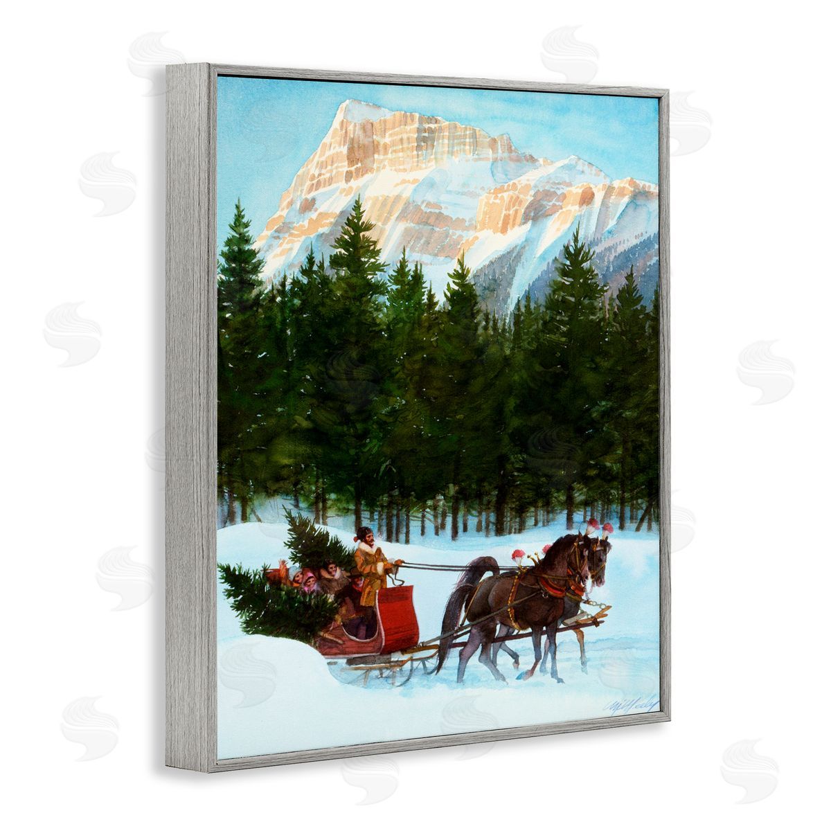 Wind River Studios Sleigh Ride Carrying Trees Gray Framed Giclee Print Wall Art