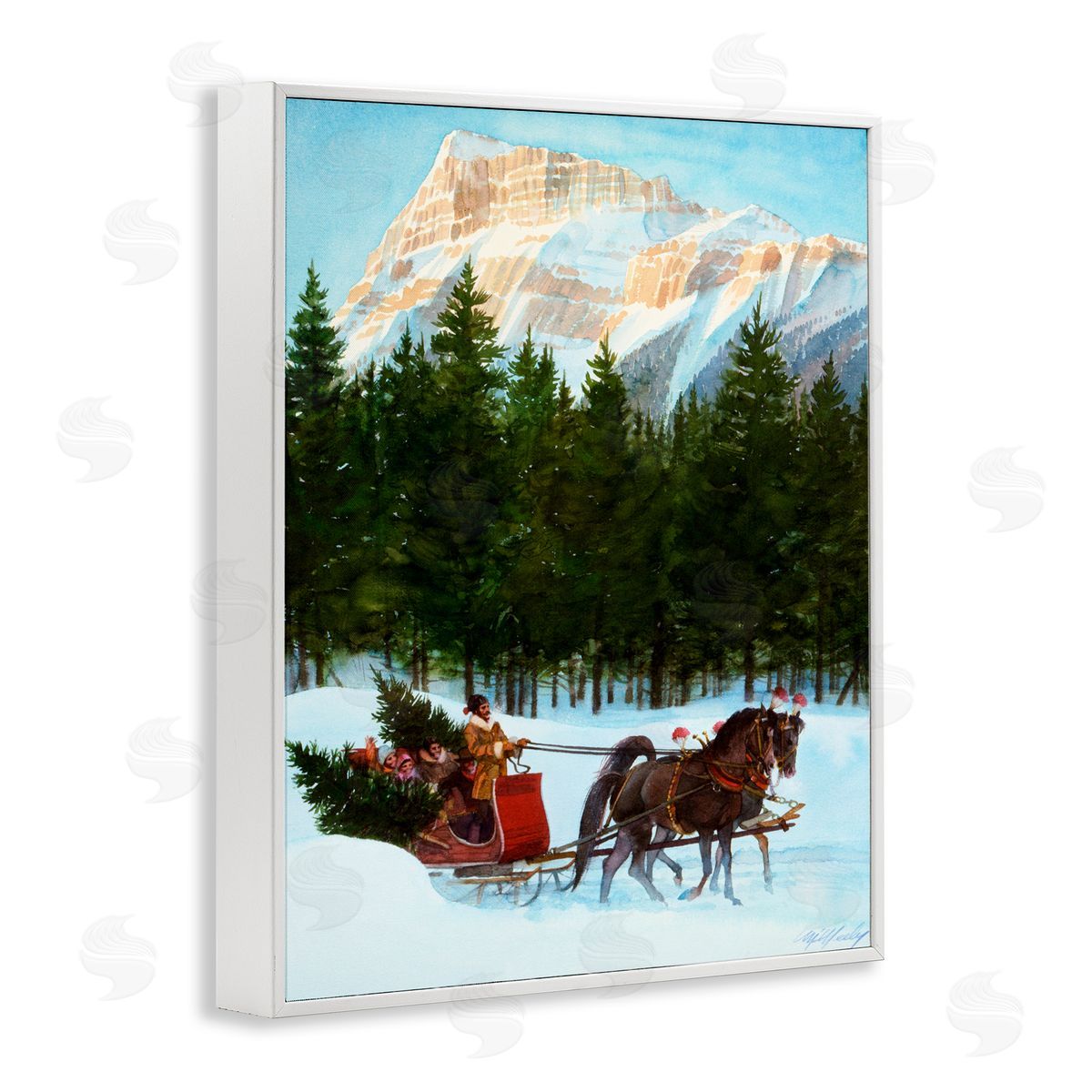 Wind River Studios Sleigh Ride Carrying Trees White Framed Giclee Print Wall Art