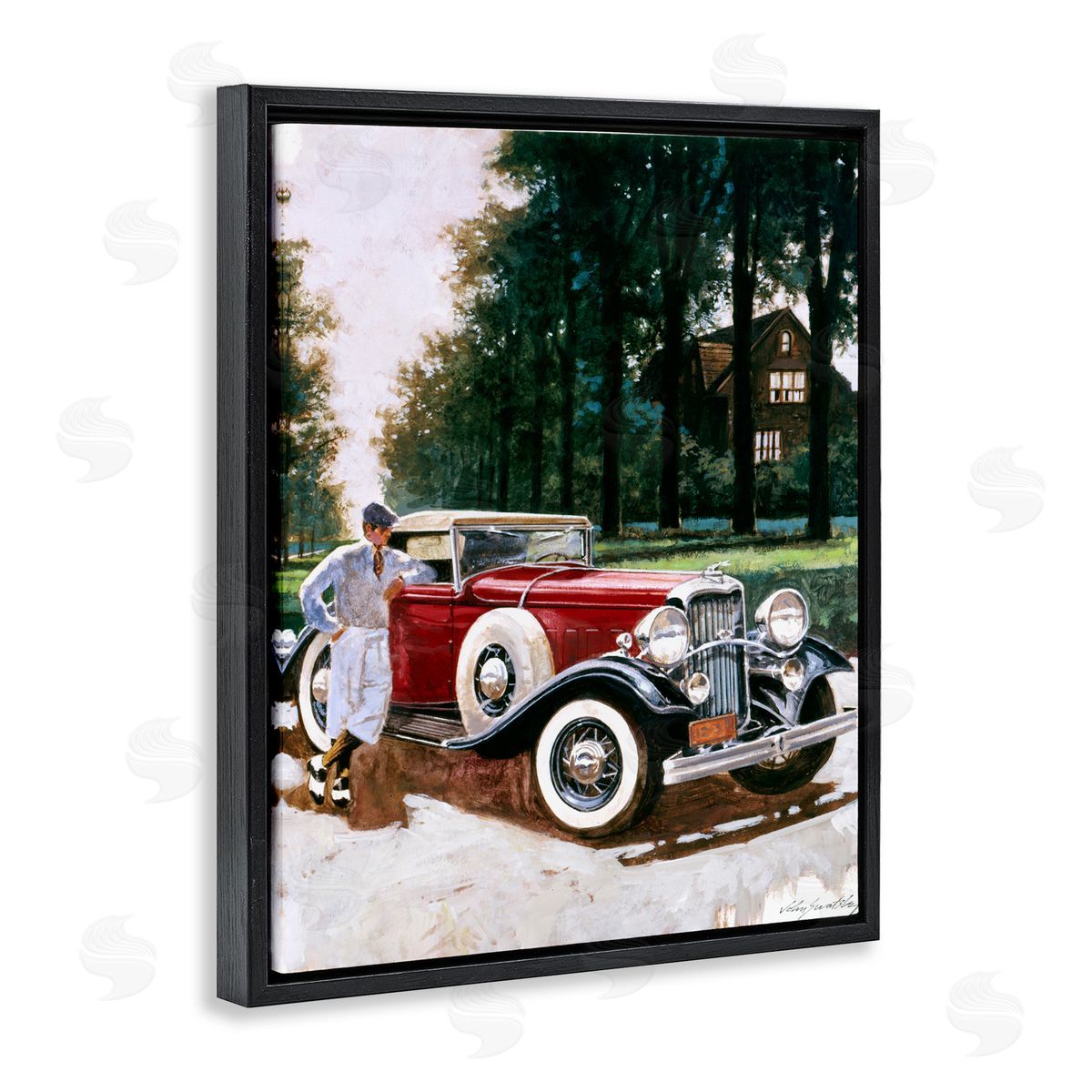 Wind River Studios Retro Convertible Coupe & Driver Black Floating Frame Canvas Wall Art Print