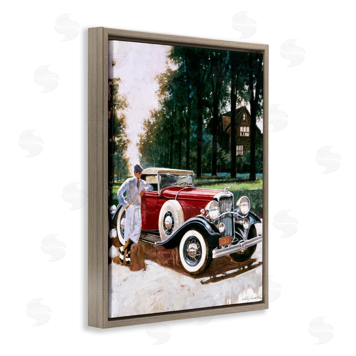 Wind River Studios Retro Convertible Coupe & Driver Brown Floating Frame Canvas Wall Art Print