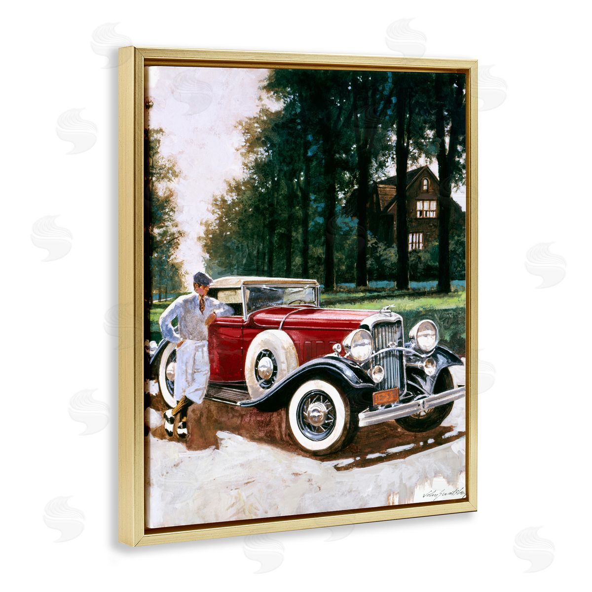 Wind River Studios Retro Convertible Coupe & Driver Gold Floating Frame Canvas Wall Art Print