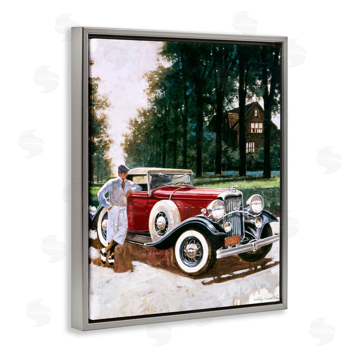 Wind River Studios Retro Convertible Coupe & Driver Gray Floating Frame Canvas Wall Art Print