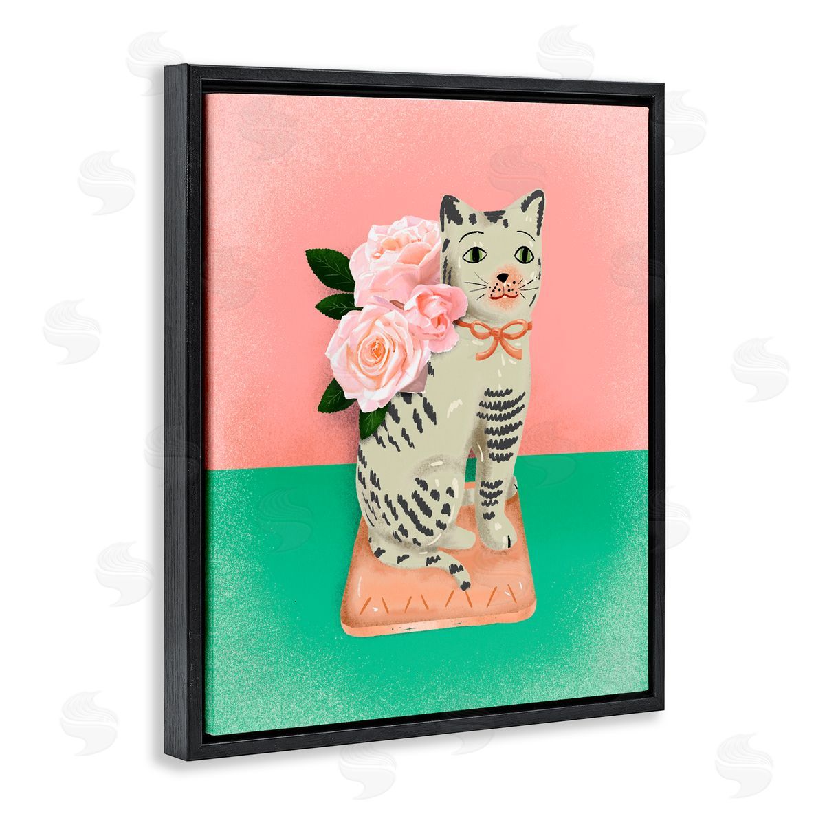 Jilly Jack Designs Vintage Cat Sculpture Pink & Green Canvas Wall Art Print