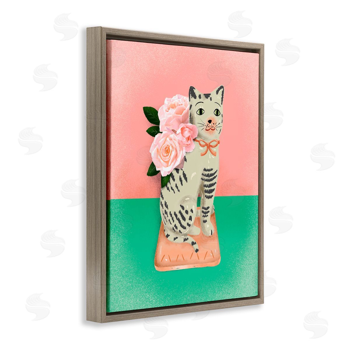 Jilly Jack Designs Vintage Cat Sculpture Pink & Green Canvas Wall Art Print