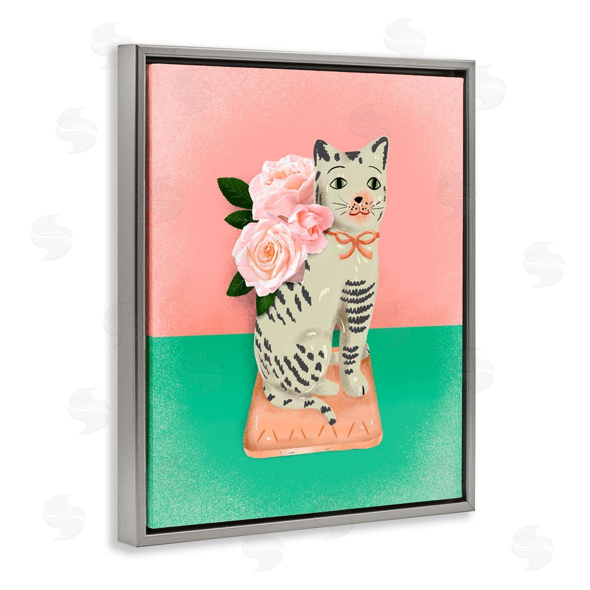 Jilly Jack Designs Vintage Cat Sculpture Pink & Green Canvas Wall Art Print
