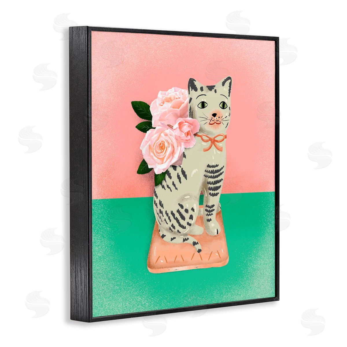 Jilly Jack Designs Vintage Cat Sculpture Pink & Green Canvas Wall Art Print