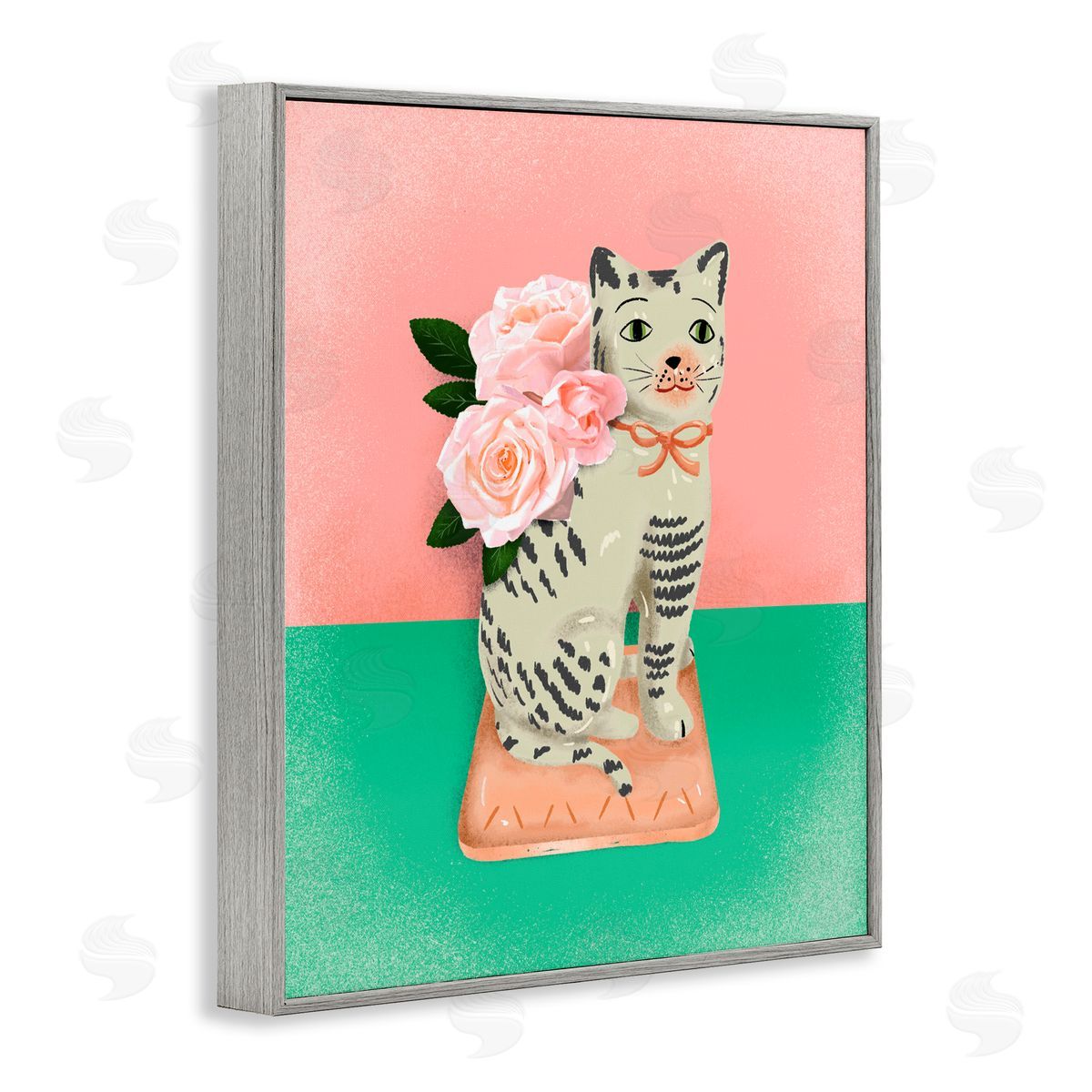 Jilly Jack Designs Vintage Cat Sculpture Pink & Green Canvas Wall Art Print