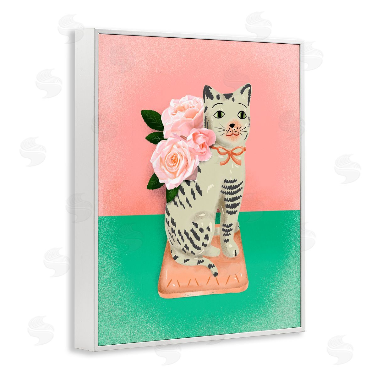 Jilly Jack Designs Vintage Cat Sculpture Pink & Green Canvas Wall Art Print