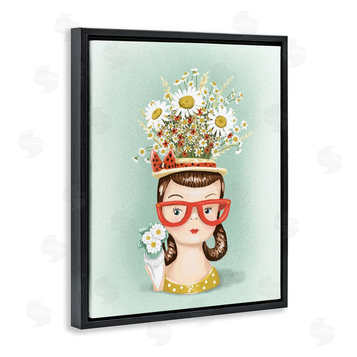 Jilly Jack Designs Vintage Planter Girl with Daisies Canvas Wall Art Print