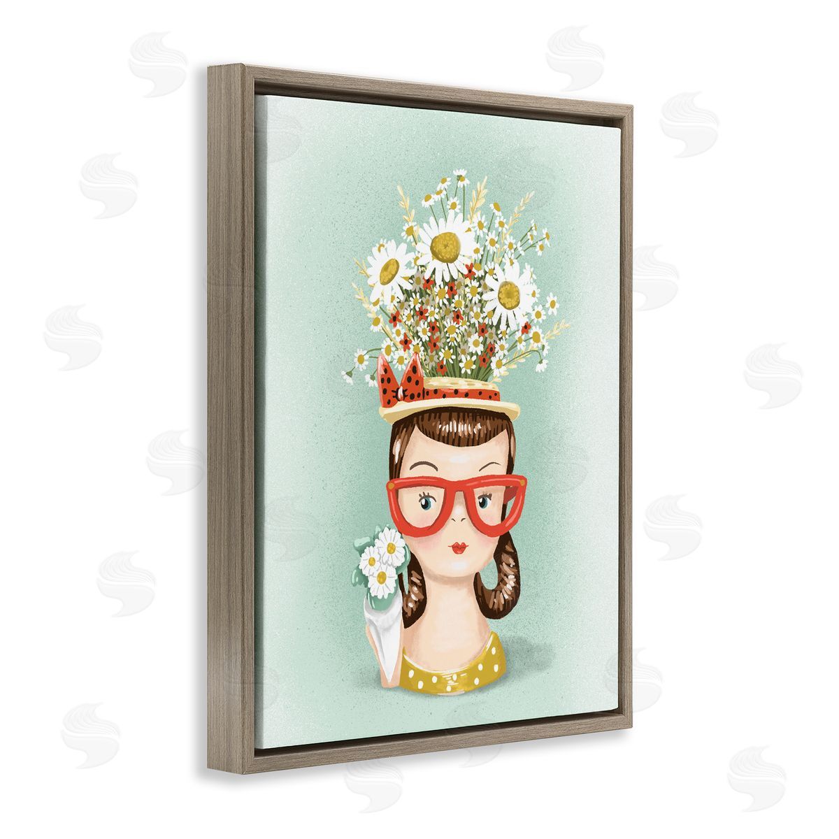 Jilly Jack Designs Vintage Planter Girl with Daisies Canvas Wall Art Print