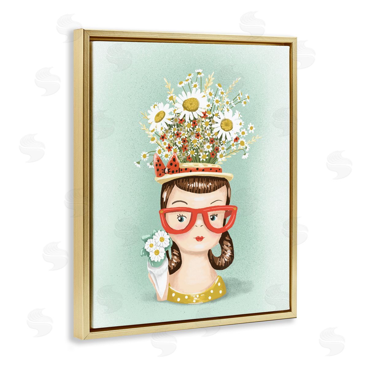 Jilly Jack Designs Vintage Planter Girl with Daisies Canvas Wall Art Print