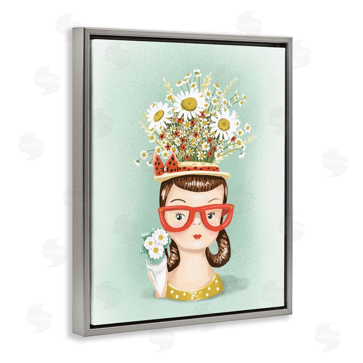 Jilly Jack Designs Vintage Planter Girl with Daisies Canvas Wall Art Print