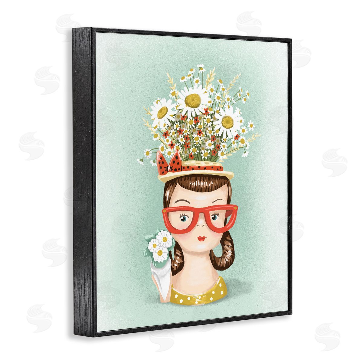 Jilly Jack Designs Vintage Planter Girl with Daisies Canvas Wall Art Print