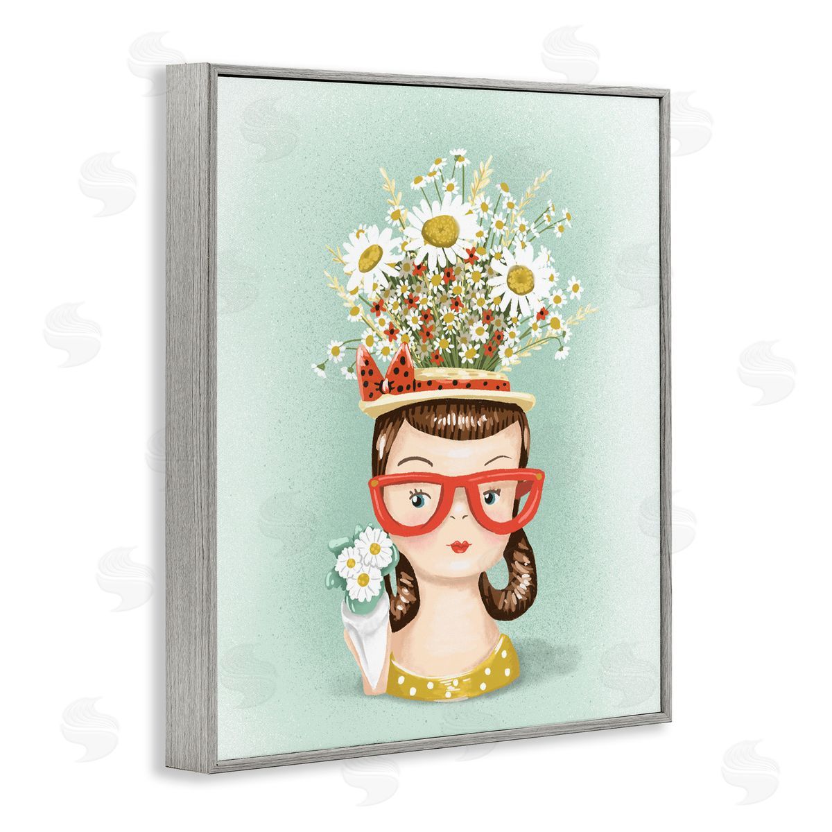 Jilly Jack Designs Vintage Planter Girl with Daisies Canvas Wall Art Print