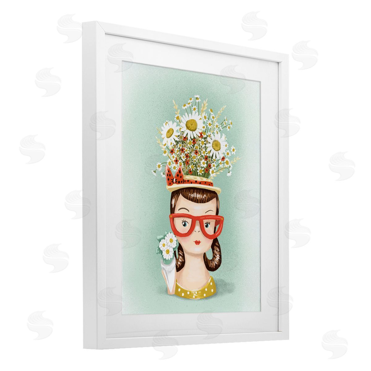 Jilly Jack Designs Vintage Planter Girl with Daisies Canvas Wall Art Print