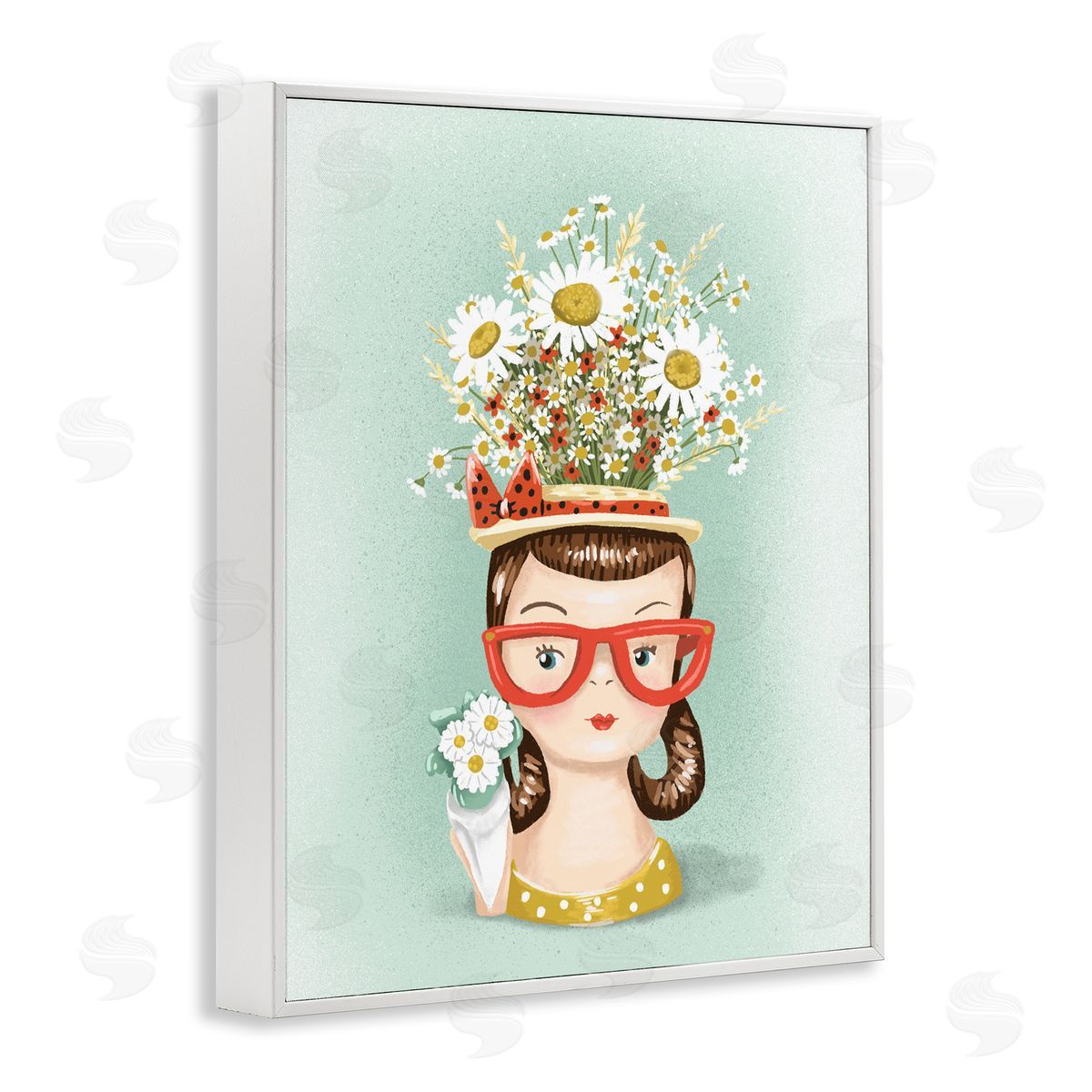 Jilly Jack Designs Vintage Planter Girl with Daisies Canvas Wall Art Print