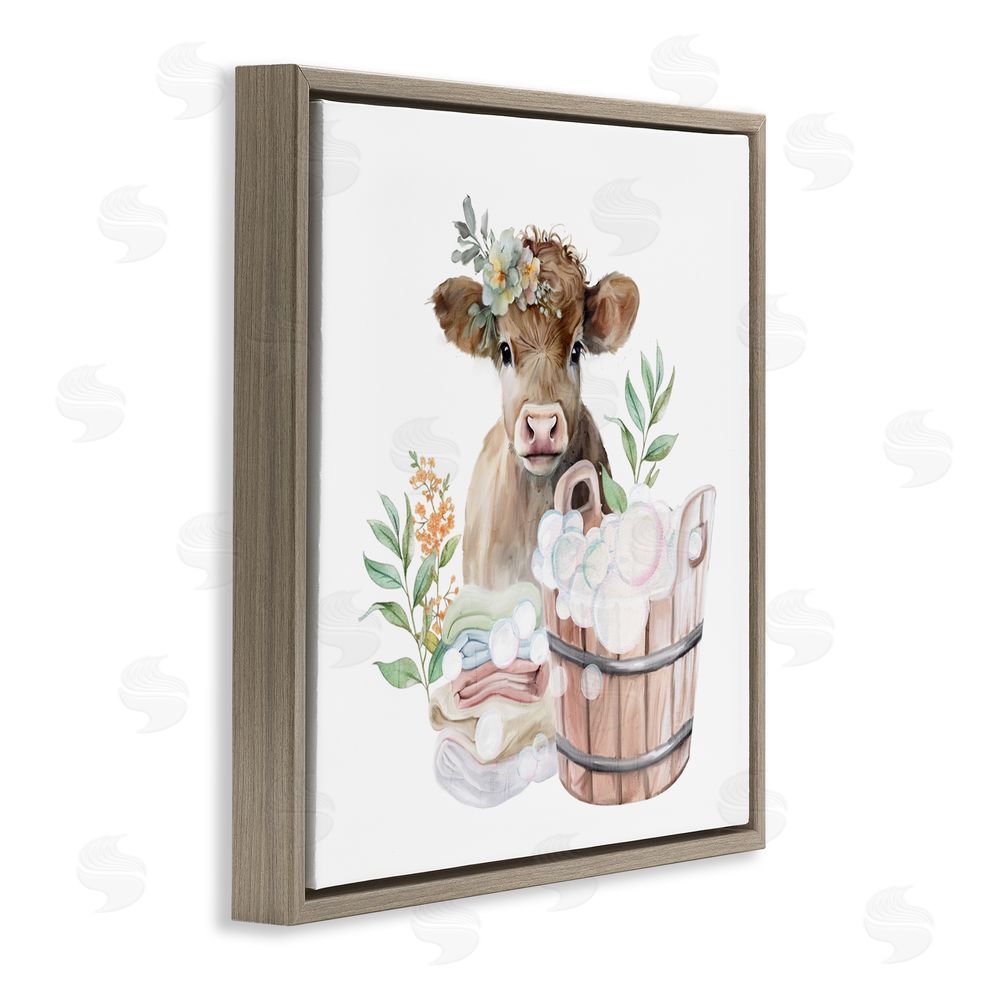 Kim Allen Laundry Day Baby Cow Brown Floating Frame Canvas Wall Art Print