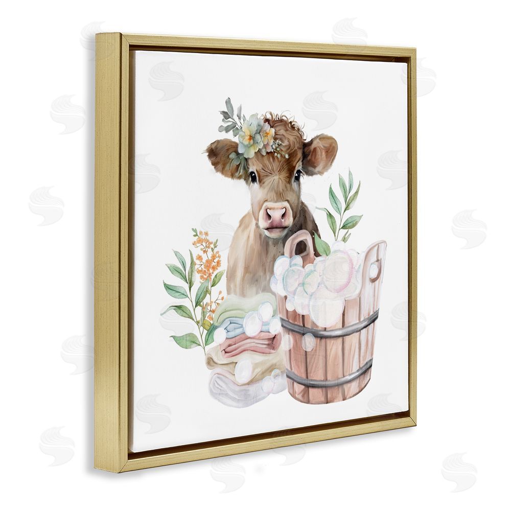Kim Allen Laundry Day Baby Cow Gold Floating Frame Canvas Wall Art Print