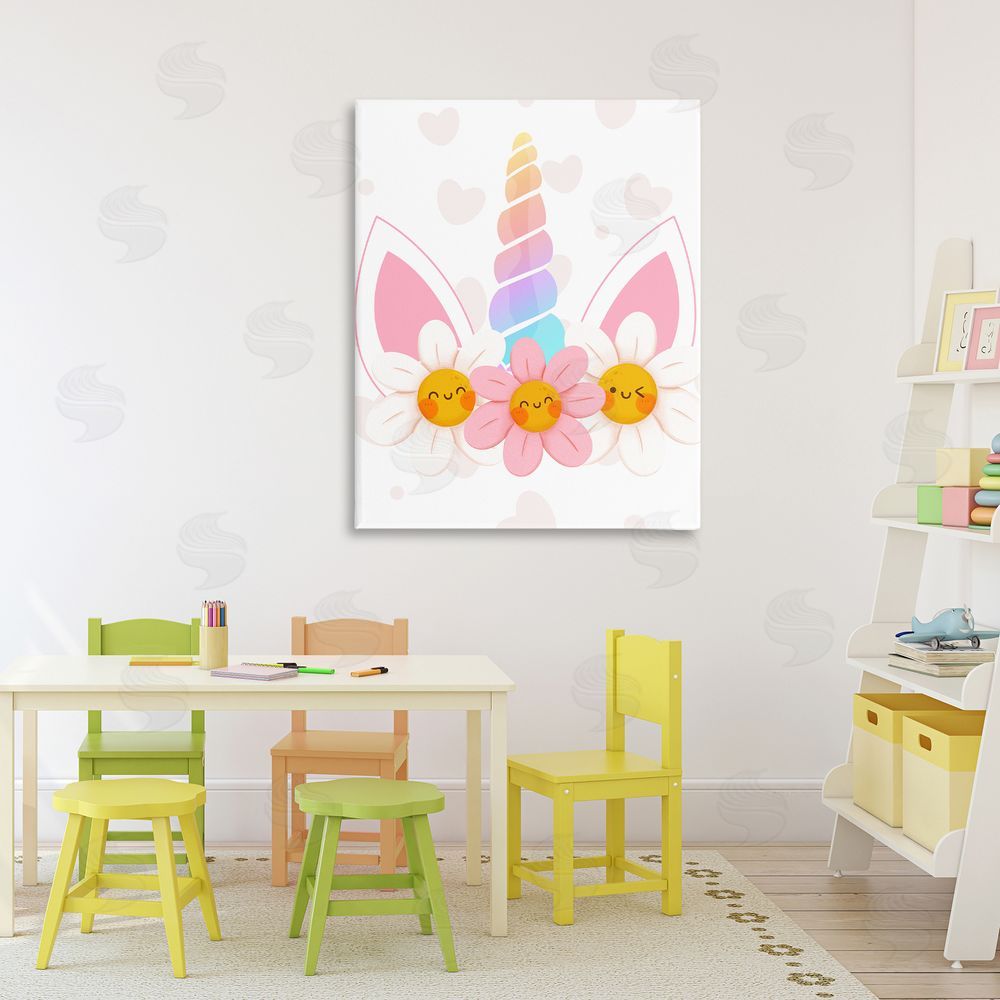 Jesse Keith Daisy Unicorn with Hearts Stretched Canvas Wall Art Print in Room