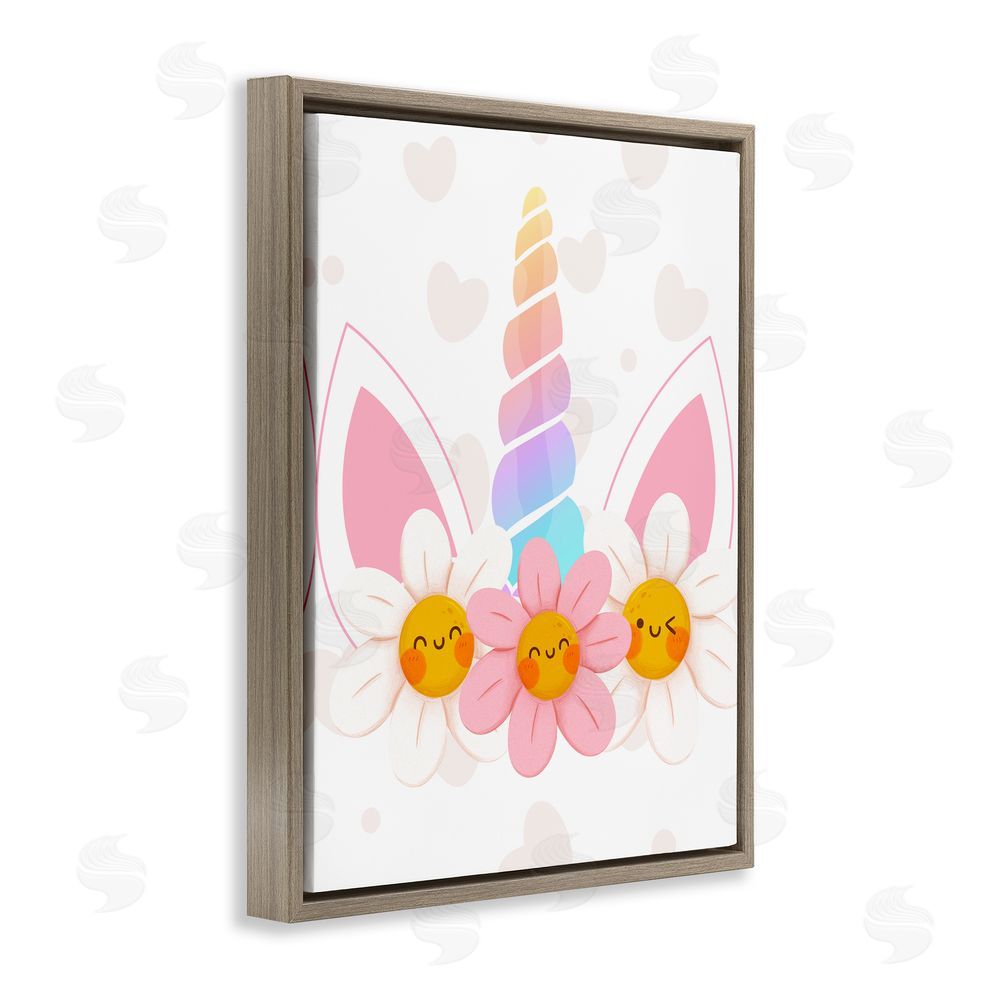 Jesse Keith Daisy Unicorn with Hearts Brown Floating Frame Canvas Wall Art Print