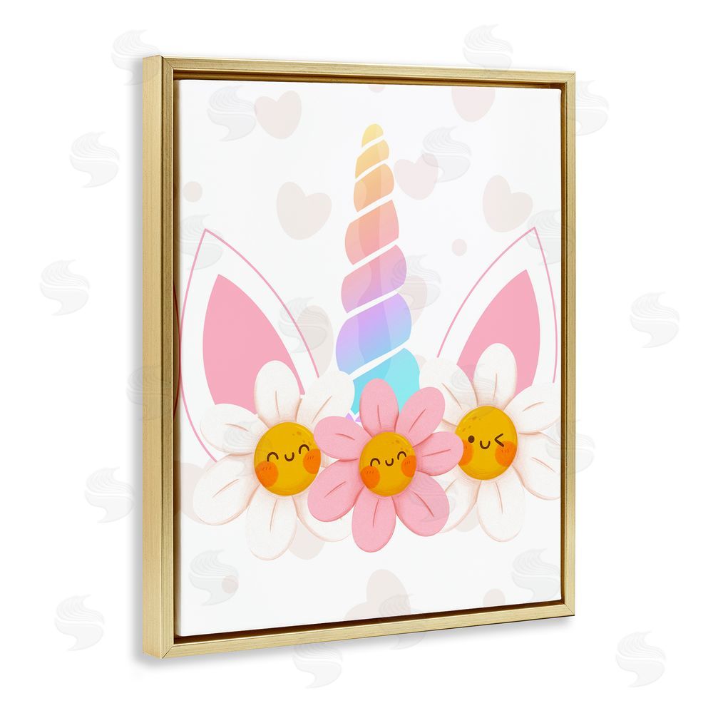 Jesse Keith Daisy Unicorn with Hearts Gold Floating Frame Canvas Wall Art Print