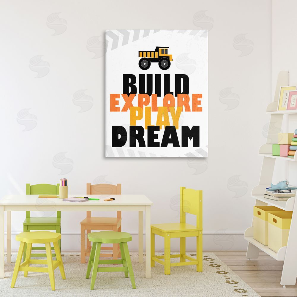 Kim Allen Build Explore Play Dream Stretched Canvas Wall Art Print in Room