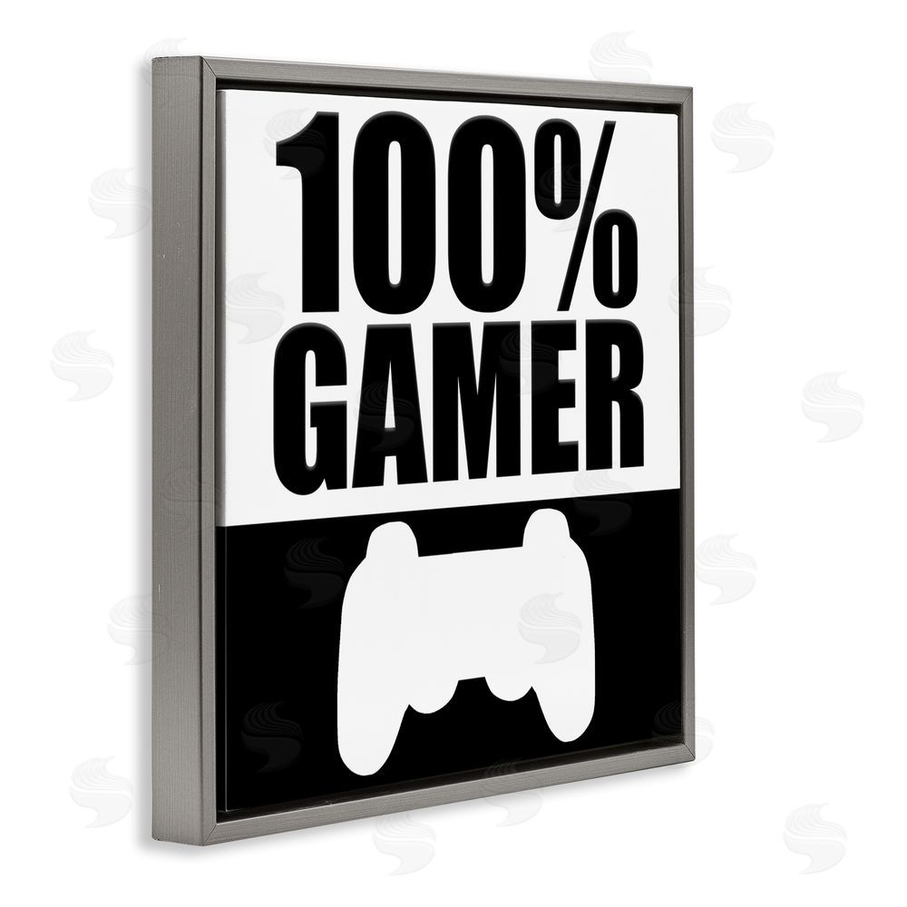 Kim Allen 100% Gamer Black & White Gray Floating Frame Canvas Wall Art Print