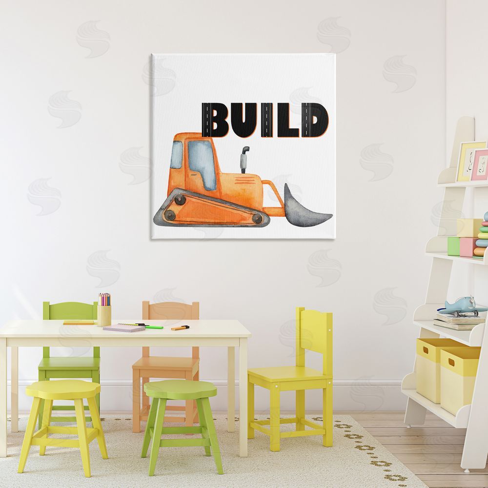 Kim Allen Build with Orange Bulldozer Stretched Canvas Wall Art Print in Room
