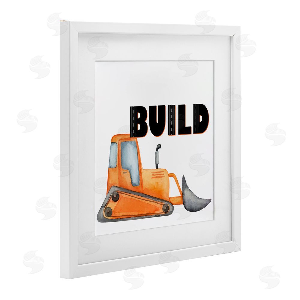 Kim Allen Build with Orange Bulldozer White Framed Print Under Glass Wall Art