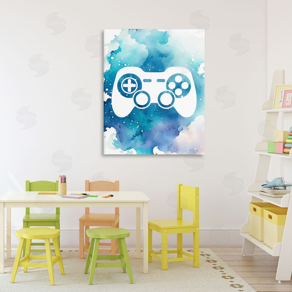 Marcus Prime Blue Controller Splatter Stretched Canvas Wall Art Print in Room