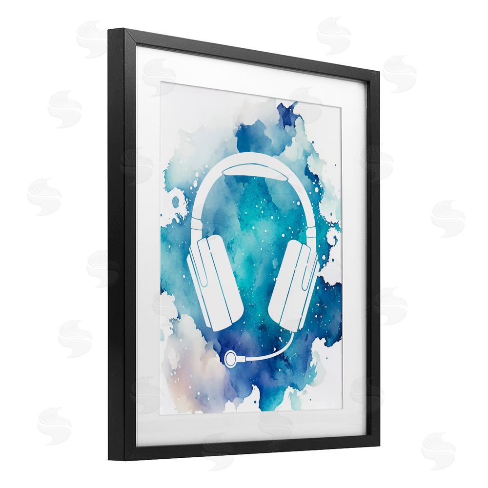 Marcus Prime Blue Headphone Splatter Black Framed Print Under Glass Wall Art