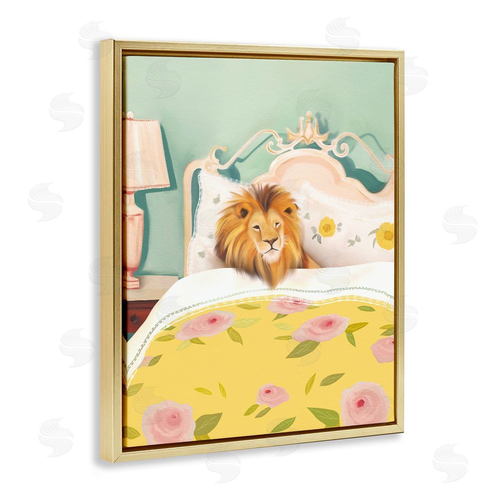 Leah Straatsma Good Morning Lion in Bed Gold Floating Frame Canvas Wall Art Print