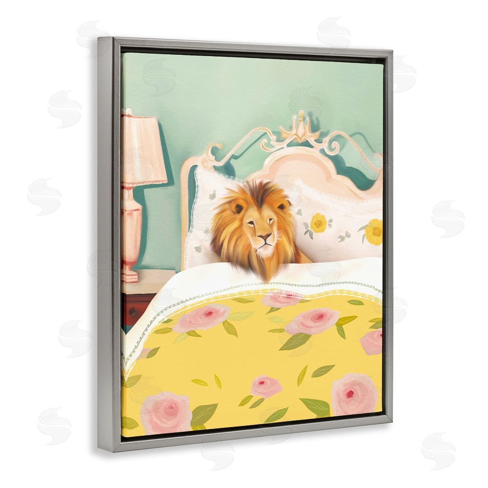 Leah Straatsma Good Morning Lion in Bed Gray Floating Frame Canvas Wall Art Print