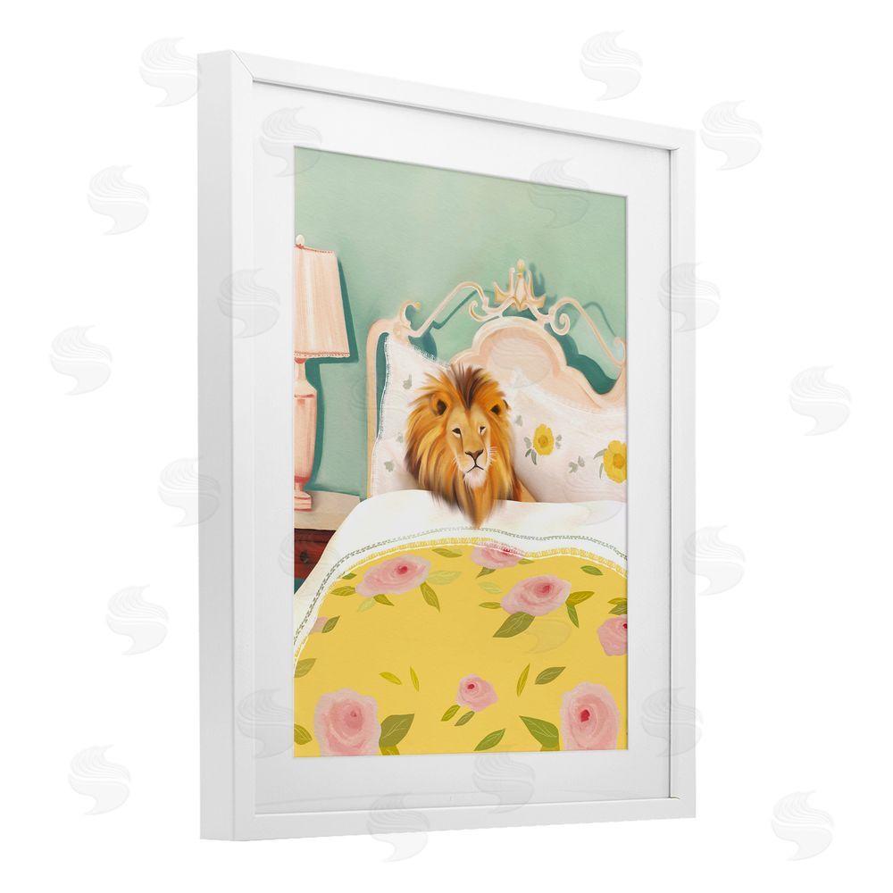 Leah Straatsma Good Morning Lion in Bed White Framed Print Under Glass Wall Art